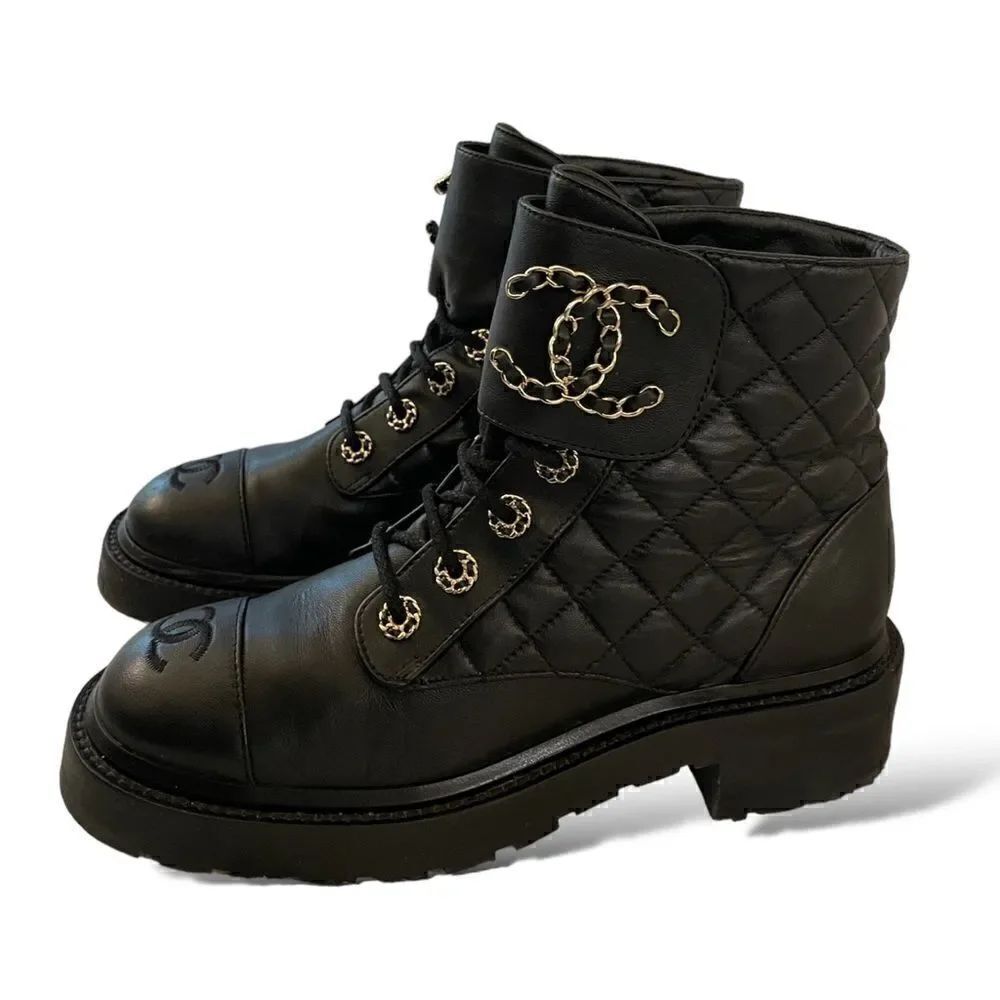 CHANEL Fall 2021 Black Lambskin Lace-Up Boots
|Size: 38|